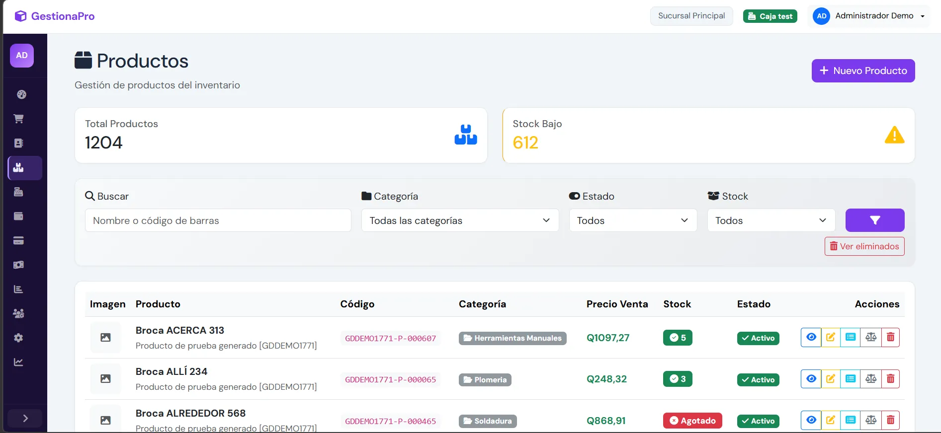 Catálogo de productos de GestionaPro con precios y existencias