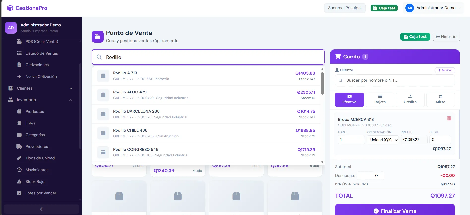 Pantalla de punto de venta de GestionaPro con catálogo a la vista
